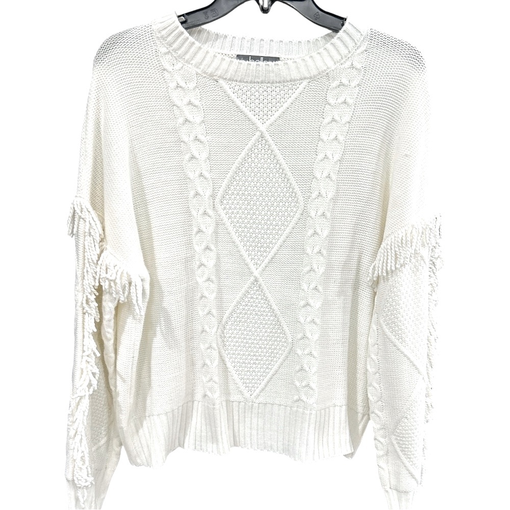 Belle by Bellini Ivory Cable Knit & Fringe Crewneck Sweater Size Large